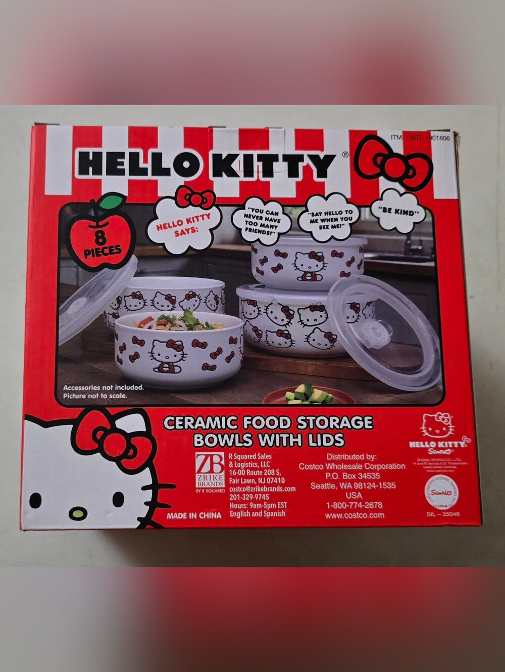 Hello Kitty Ceramic Food Storage Bowls with Lids - White and Red (8 Pieces)
